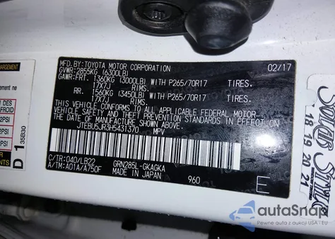 2017 Toyota 4Runner Sr5 Premium z USA, uszkodzony, nr VIN JTEBU5JR3H5431370